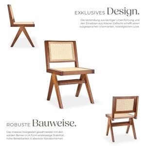 Tectake Holzstuhl Lissy, Boho Stil, dunkle Eiche, mit Wiener Geflecht an Rückenlehne und Sitzfläche.