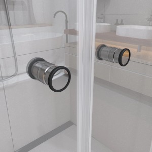 Detailaufnahme: Dusch-Pendeltür Brava mit Chromgriffen in Nische. Sondermaßanfertigung.