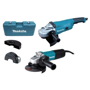 Makita Winkelschleifer-Set mit zwei Schleifmaschinen, Transportkoffer und Schutzhauben zum Schneiden und Schleifen.
