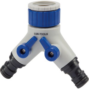 LUX 2-Wege Ventil, Wasserverteiler für zwei Schläuche mit regulierbarer Durchflussmenge.