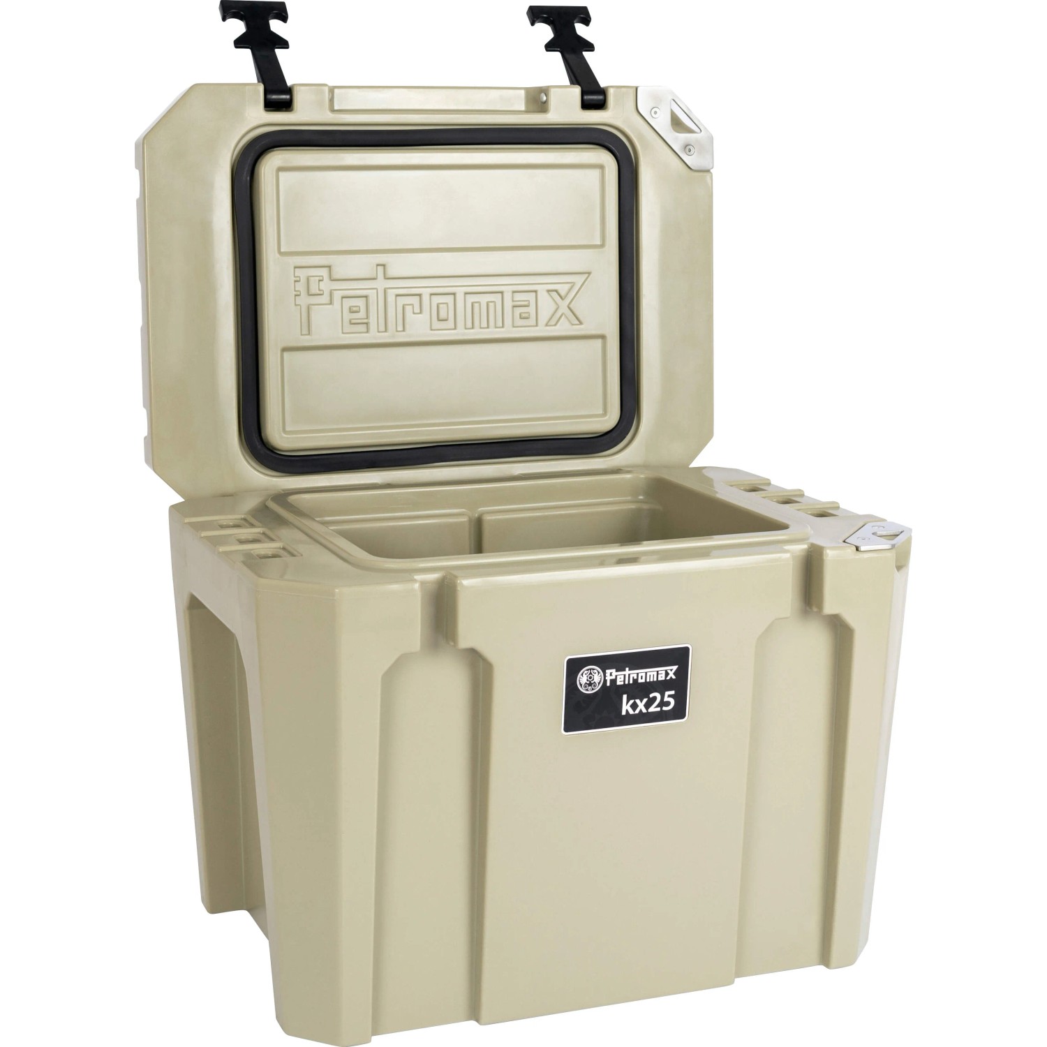 Geöffnete Petromax Kühlbox kx25 in Sand. Robuste, doppelwandige Kühlbox für Camping und Outdoor-Aktivitäten.
