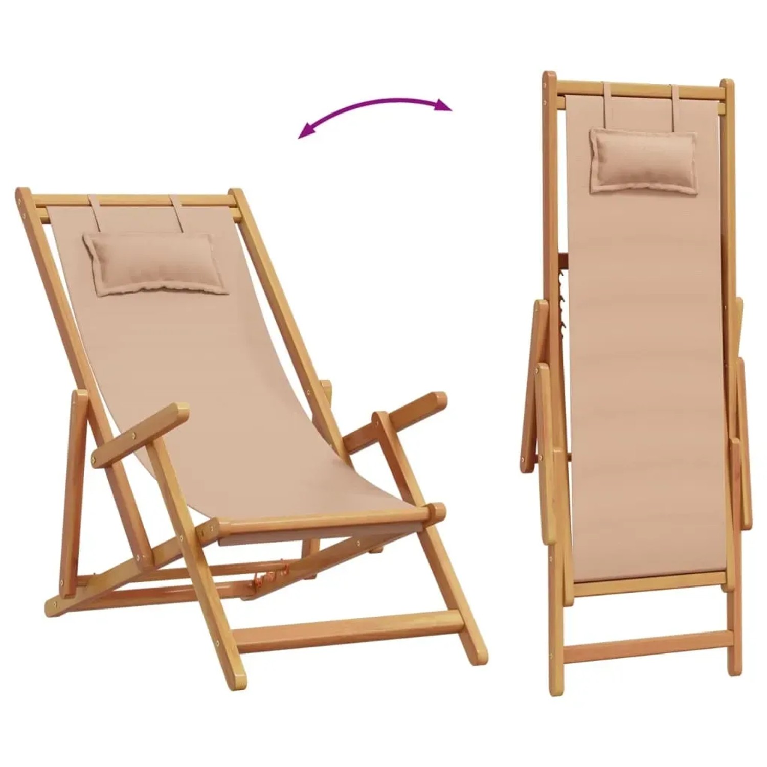 Klappbarer, taupefarbener Strandstuhl aus Eukalyptusholz mit Kissen, in zwei Positionen dargestellt.