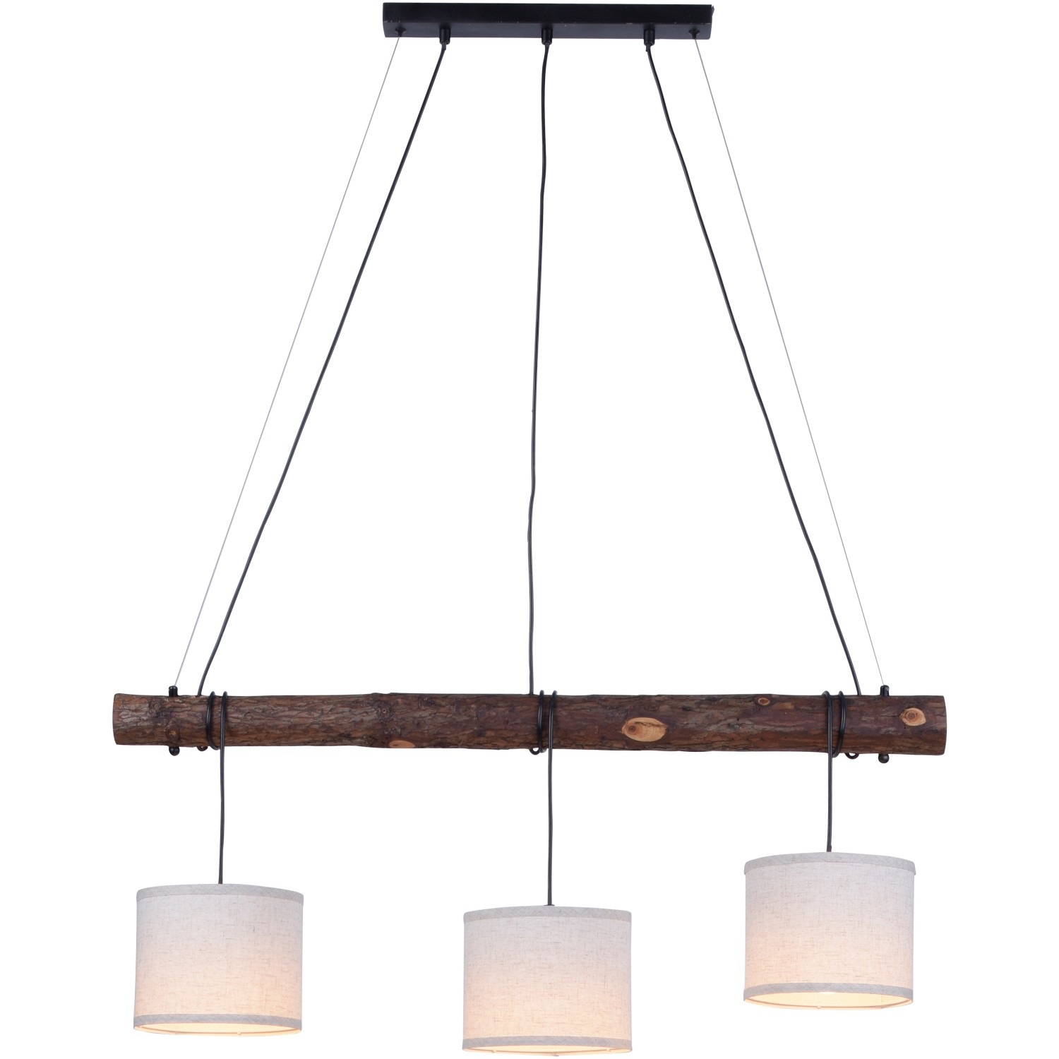 Rustikale Pendelleuchte Bark mit Holzdekor und drei Lampenschirmen.