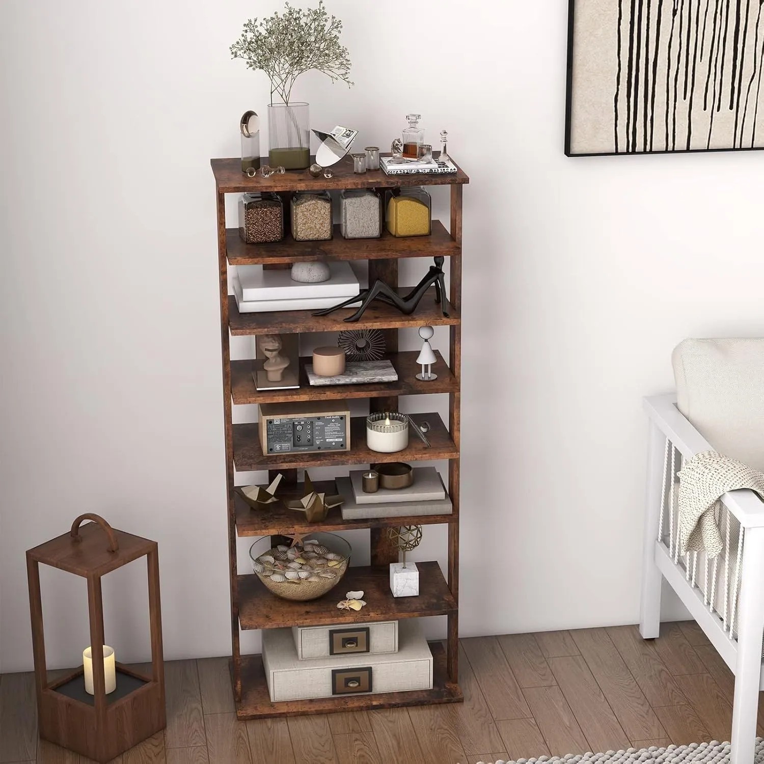 Braunes 8-stufiges Costway Schuhregal in Holzoptik, höhenverstellbar, für Schuhe oder Deko im Wohnbereich.