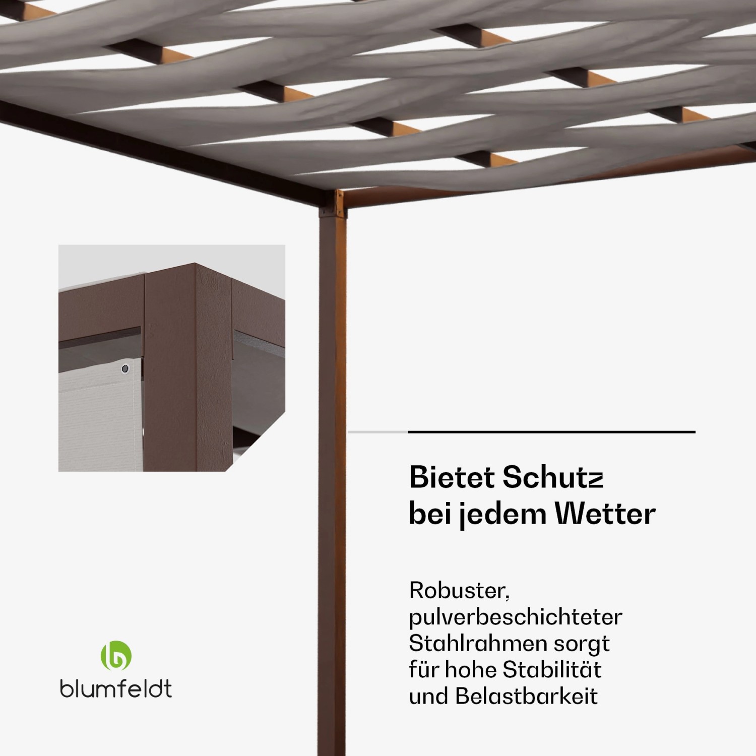 Detailansicht der weißen Blumfeldt Shade Cove Pergola mit robustem, pulverbeschichtetem Stahlrahmen.
