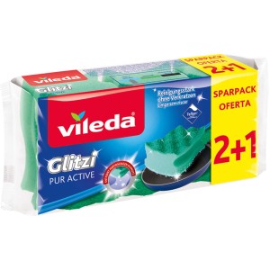 Vileda Glitzi Pur Active 2+1 Reinigungsschwamm im Sparpack, ideal für empfindliche Oberflächen.
