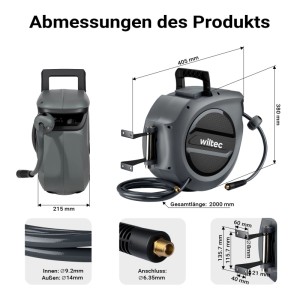 Wiltec Druckluft Schlauchtrommel 20m, Details und Abmessungen.