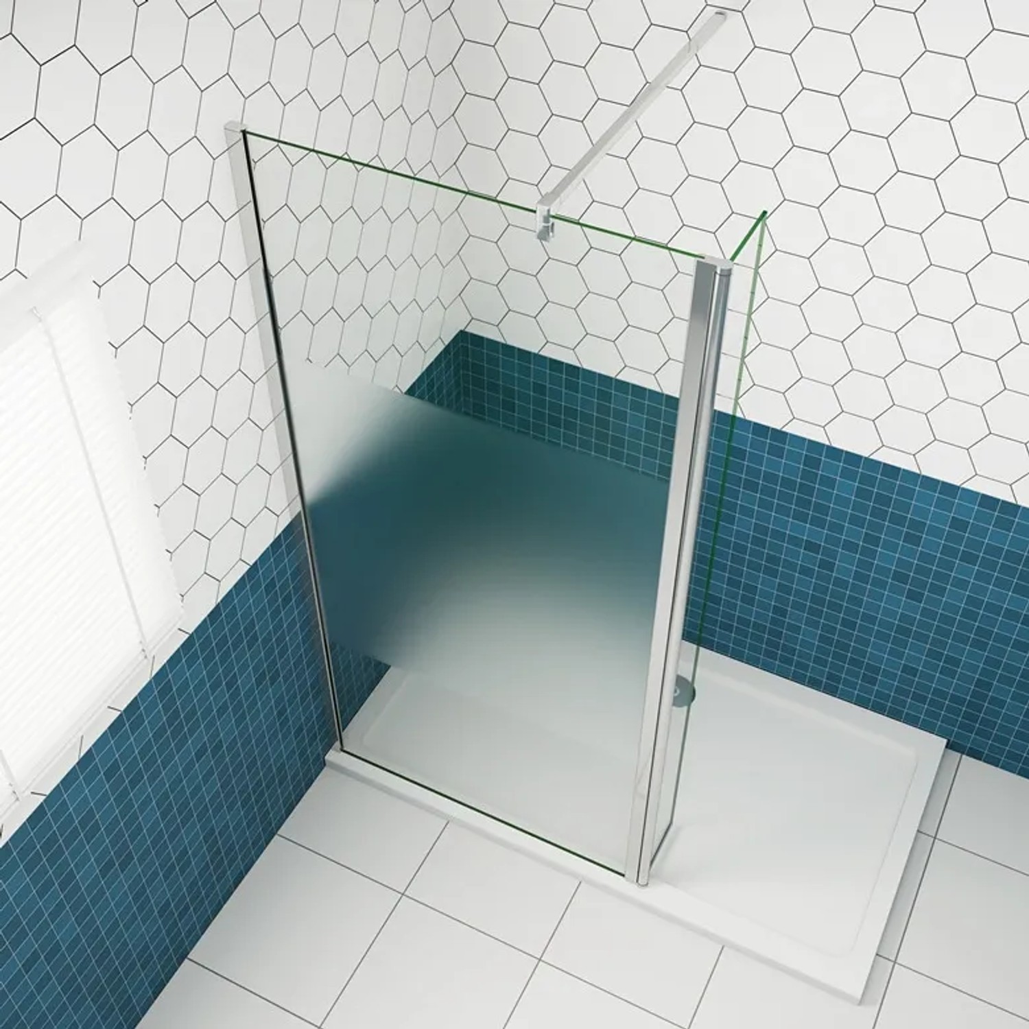 Duschparadies Walk-In Dusche 110x200cm, satinierte Glas-Seitenwand mit Streifen und verchromtem Rahmen.