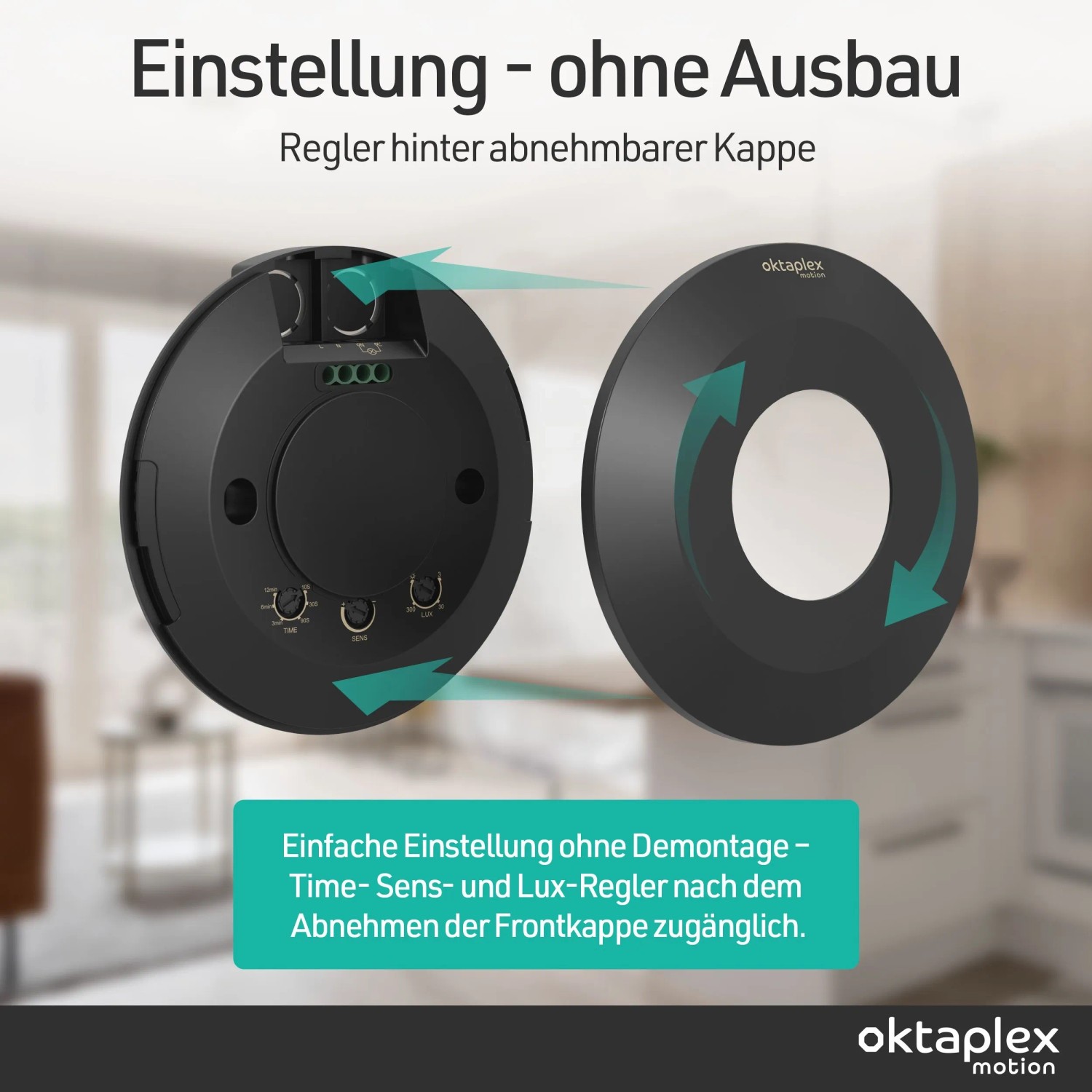Oktaplex Isa Präsenzmelder, 360° HF Sensor, flaches Design in Schwarz, Regler hinter abnehmbarer Kappe.
