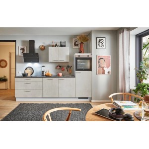 Moderne pino Küchenzeile 250 cm in Beton Weißgrau mit Geräten und Spüle. Inklusive E-Geräte und viel Stauraum.