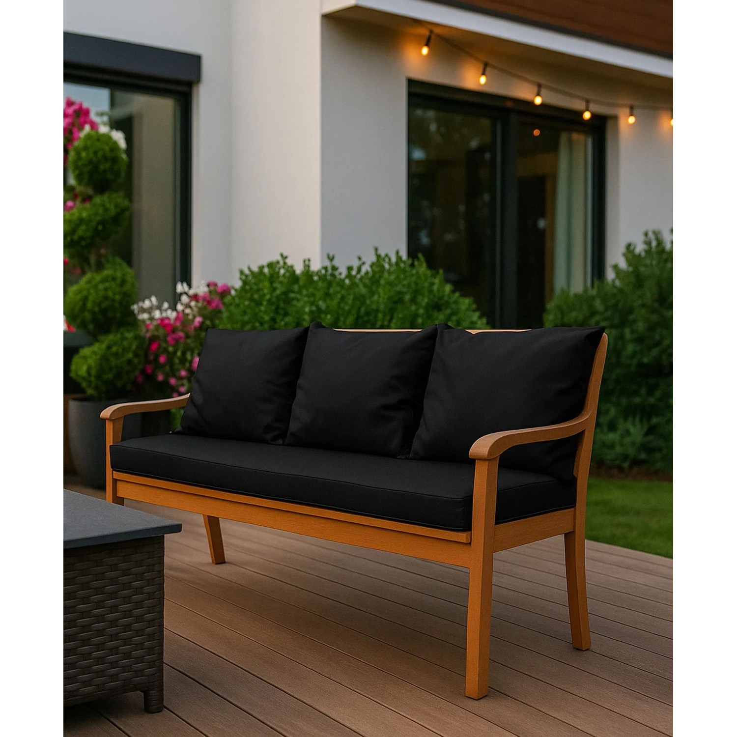 Schwarzes Setgarden Bankkissen-Set für 2-Sitzer Gartenbank, 100x60 + 2x50x56 cm.