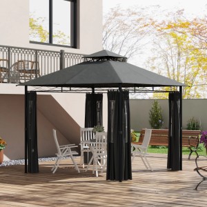 Outsunny Pavillon, dunkelgrau, mit Vorhängen. Metallkonstruktion für Garten & Terrasse.