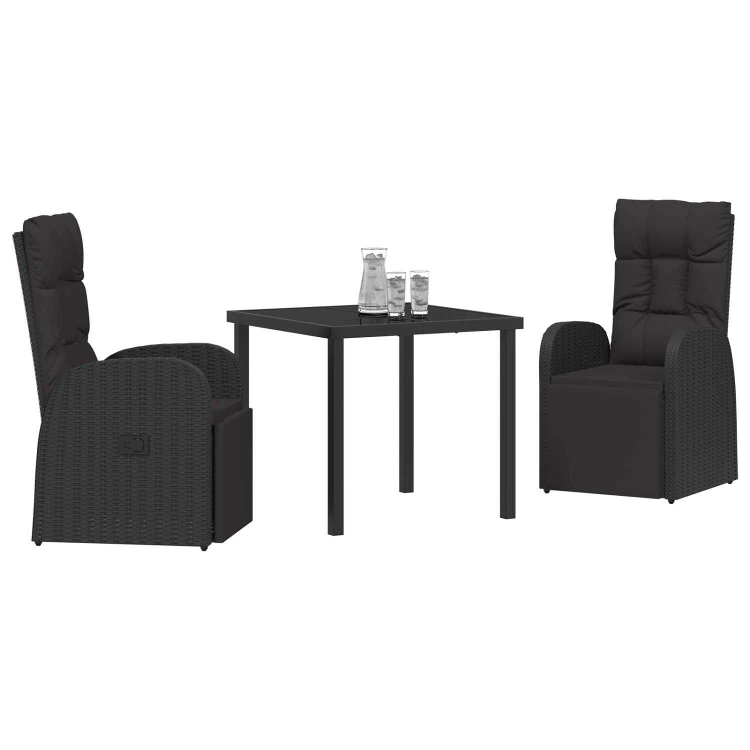 Schwarze 3-teilige Garten Essgruppe aus Poly Rattan mit Tisch und 2 Sesseln mit Kissen.