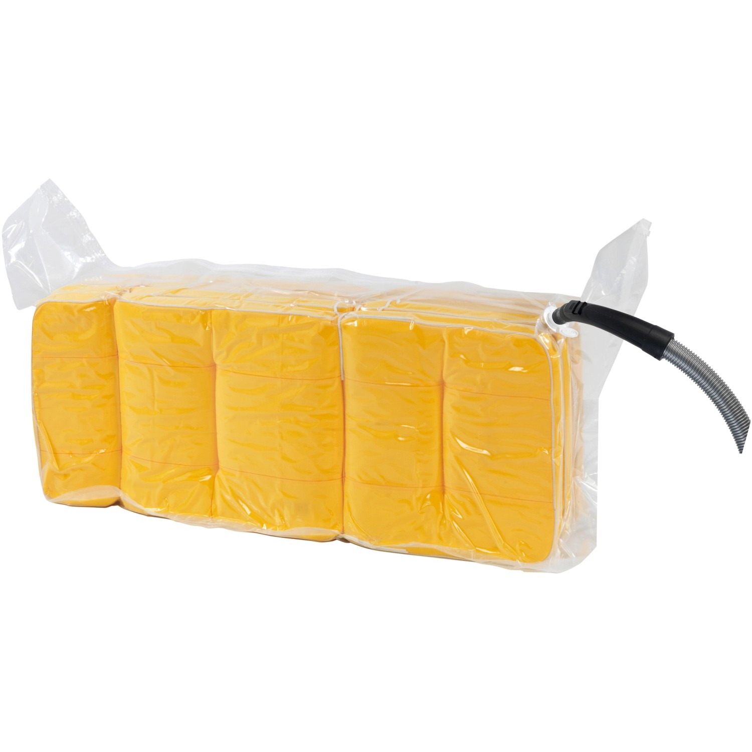 Wenko Vakuumbeutel Jumbo Cube XXL mit gelben Textilien, platzsparende Aufbewahrung.