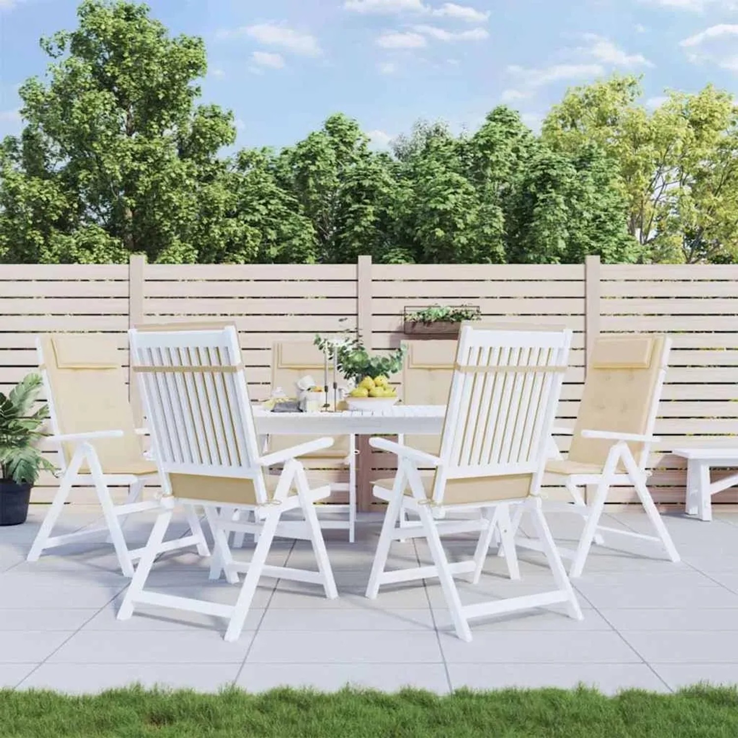 6 beige Hochlehner Auflagen aus Oxford-Gewebe für Gartenstühle im Außenbereich.
