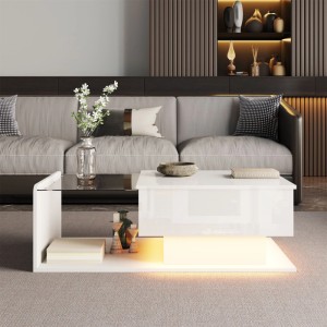 Weißer Hochglanz Couchtisch 100x50 cm mit Glasplatte, Hebefunktion und Stauraum. Modern und funktional.