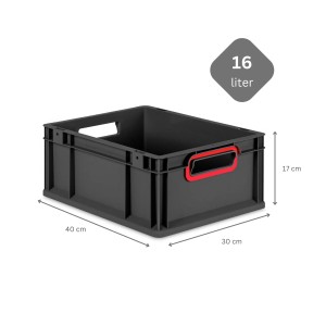 Schwarze PROREGAL Eurobox mit roten Griffen, 16 Liter, zur Aufbewahrung und als Transportbox.