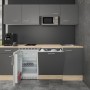 Flex-Well Miniküche Morena, 210 cm, basaltgrau/Eiche, mit E-Geräten wie Kühlschrank und Geschirrspüler.