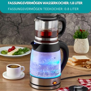 Zilan ZLN-4858 Teekocher aus Glas mit Edelstahlbasis, 1,8 L Wasserkocher, 0,8 L Teekocher.