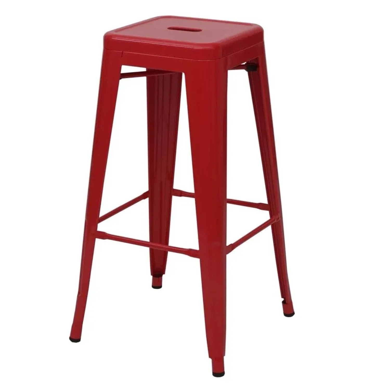 Roter Barhocker aus pulverbeschichtetem Metall mit quadratischer Sitzfläche, Fußstütze und Trageöffnung, stapelbar.