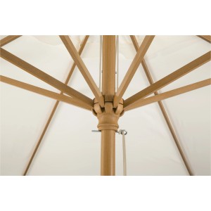 Detailaufnahme Marktschirm Malaga, Ø 300 cm, mit Seilzug: Holzgestell und cremefarbene Bespannung.