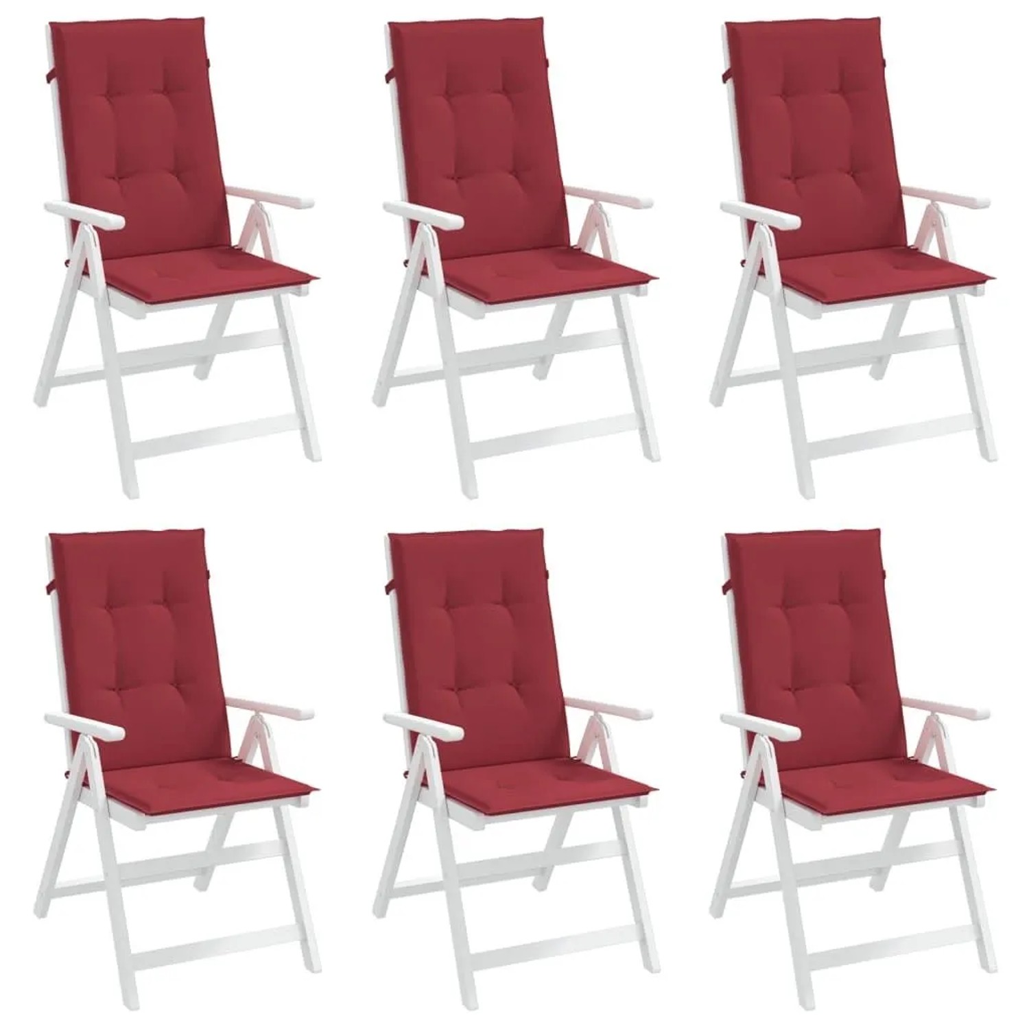 6 weinrote Hochlehner Gartenstuhlauflagen aus Polyester, gesteppt, 120x50 cm, auf weißen Stühlen. Komfortable Sitzkissen.