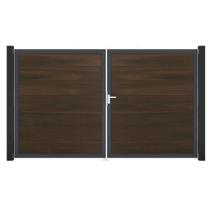 GroJa Steckzaun Tor Grande DIN Rechts DB Walnuss, 2-flügelig, mit Beschlagset und Aluminiumrahmen.