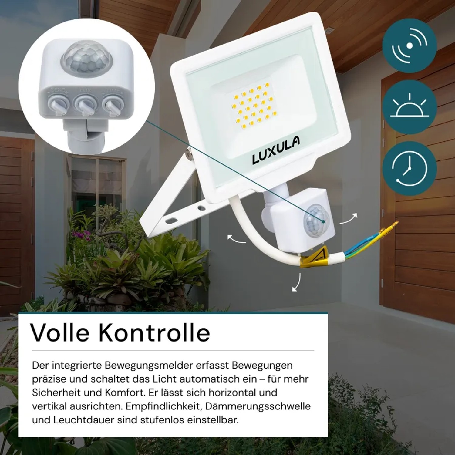 Weißer LUXULA LED Strahler 20W mit Bewegungsmelder für Außen, warmweißes Licht.