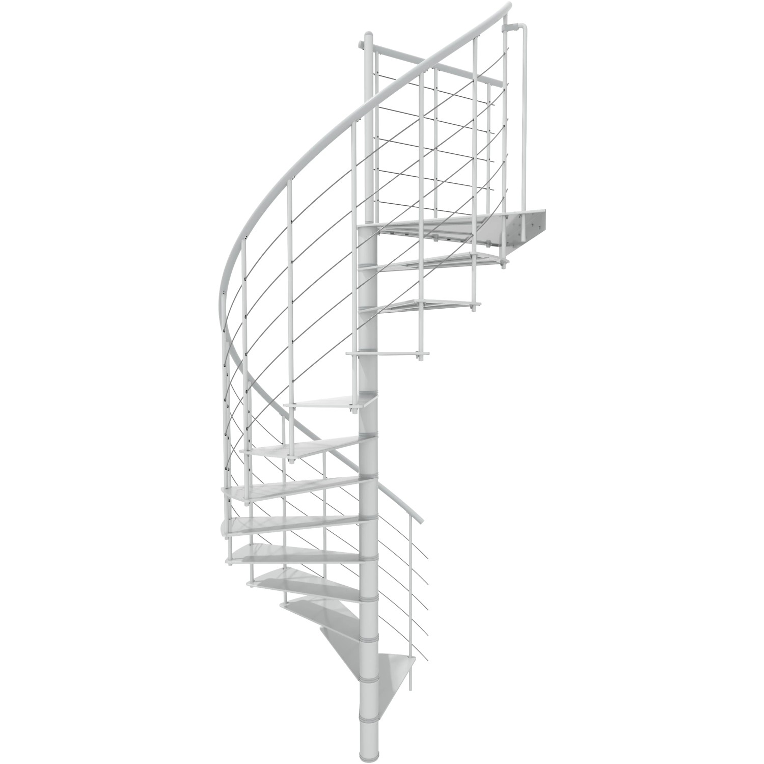 Weiße Minka Spindeltreppe Milano, Ø120 cm, für Geschosshöhen bis 300 cm. Innentreppe mit Metallstufen und Geländer.