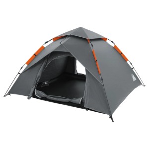 Graues Pop-Up Camping Zelt für 3-4 Personen mit orangefarbenen Akzenten und offenem Eingang. Ideal für Outdoor.
