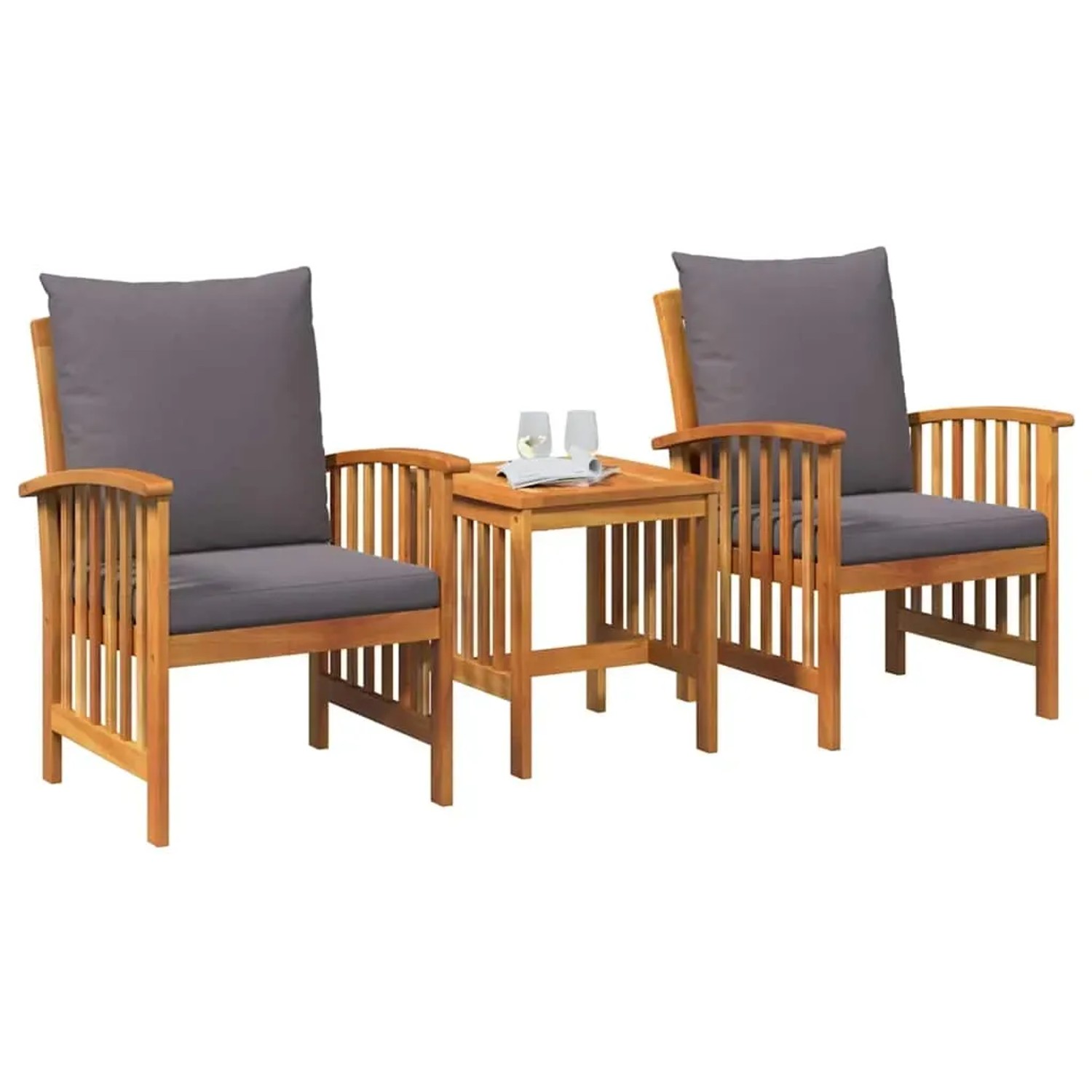 vidaXL 3-tlg. Gartenlounge-Set aus Akazienholz mit grauen Kissen. Gartenmöbel für Terrasse und Balkon.