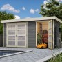 Karibu Holz-Gartenhaus Nürnberg, terragrau, 400x213 cm, mit Doppeltür und geöffneter Tür, Rasenmäher sichtbar.