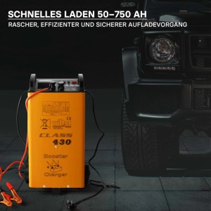 Orange Wiltec Batterieladegerät Boost 430 mit Rädern, lädt 12V/24V Akkus 50-750 Ah für Auto, Lkw, Motorrad.