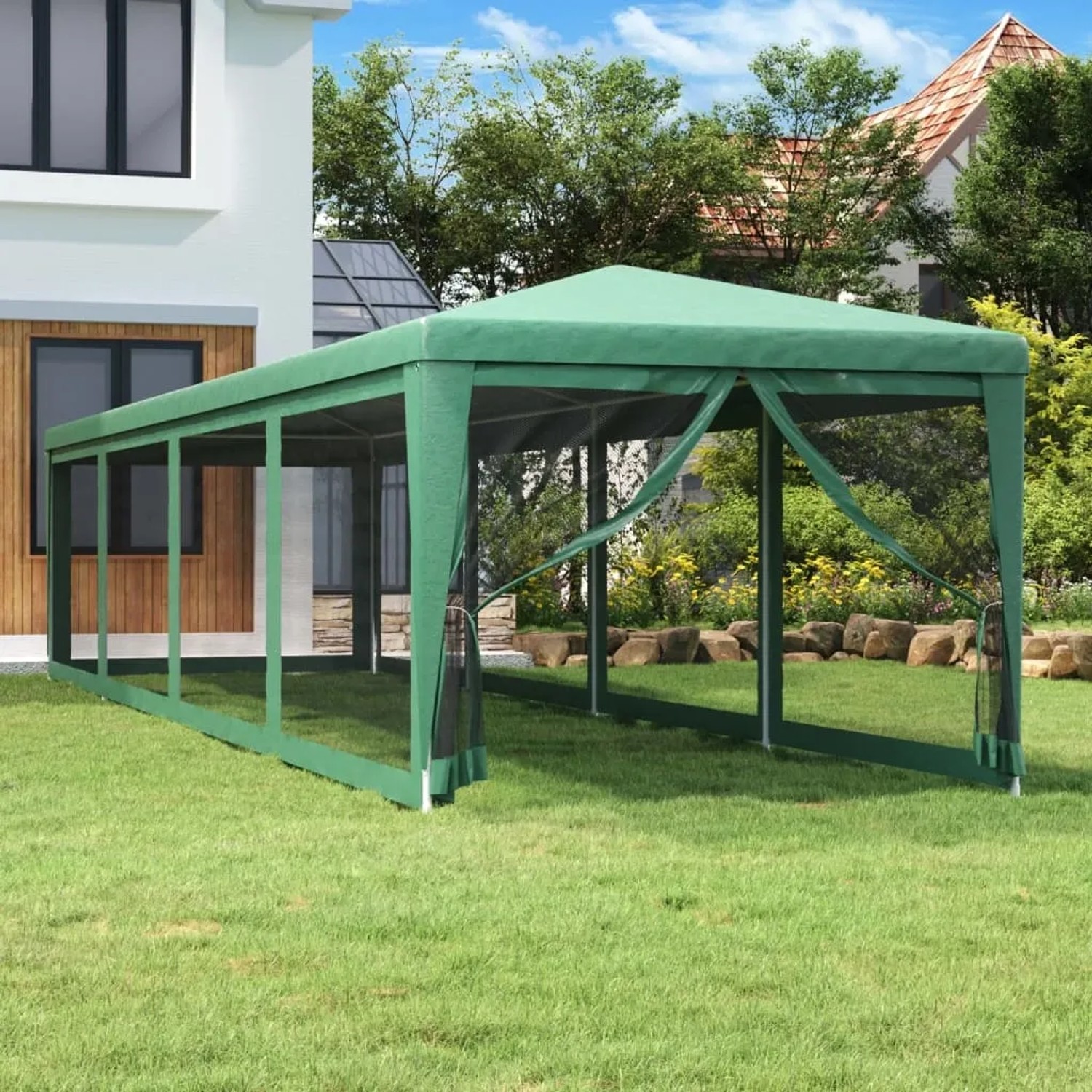 Grünes vidaXL Partyzelt 3x12m mit Netzseitenwänden für Garten & Feiern.