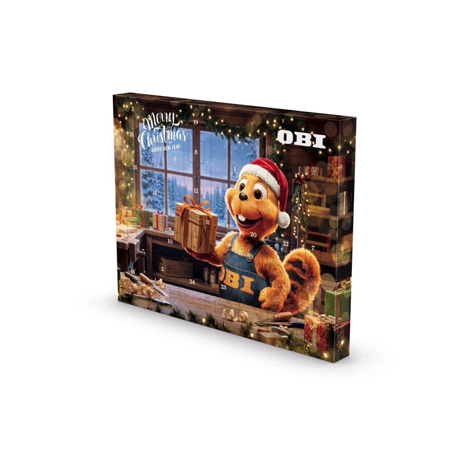 OBI Adventskalender 2026 mit OBI Biber in Weihnachtsmütze, hält Geschenk. Werkzeug-Sets für Heimwerker, 24 Türchen.