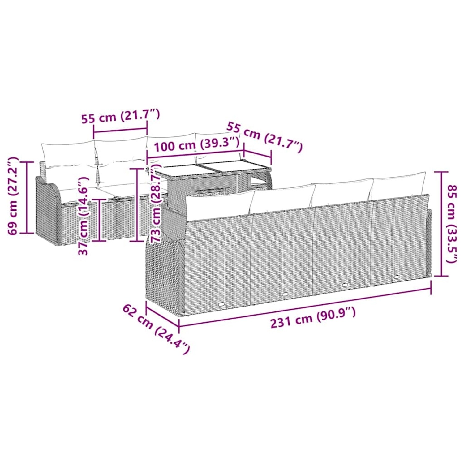 vidaXL Gartenmöbel-Set, hellgraues Poly Rattan Sofa-Set mit Kissen, 7-teilig, Abmessungen