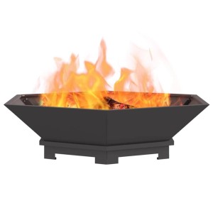 Schwarze vidaXL Feuerstelle aus Stahl, quadratisch, mit brennendem Holz. Ideal für Grillabende.