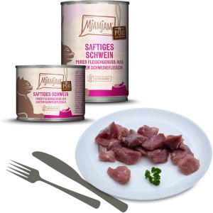 MjAMjAM Katzen-Nassfutter Saftiges Schwein pur, 800g Dose und Portioniert auf Teller.