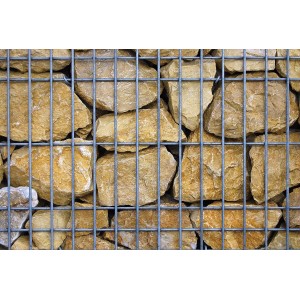 Scherf Fertig-Gabione mit Gold-Ocker Marmorbruch Füllung, 100x50x50 cm. Drahtgitterstruktur.