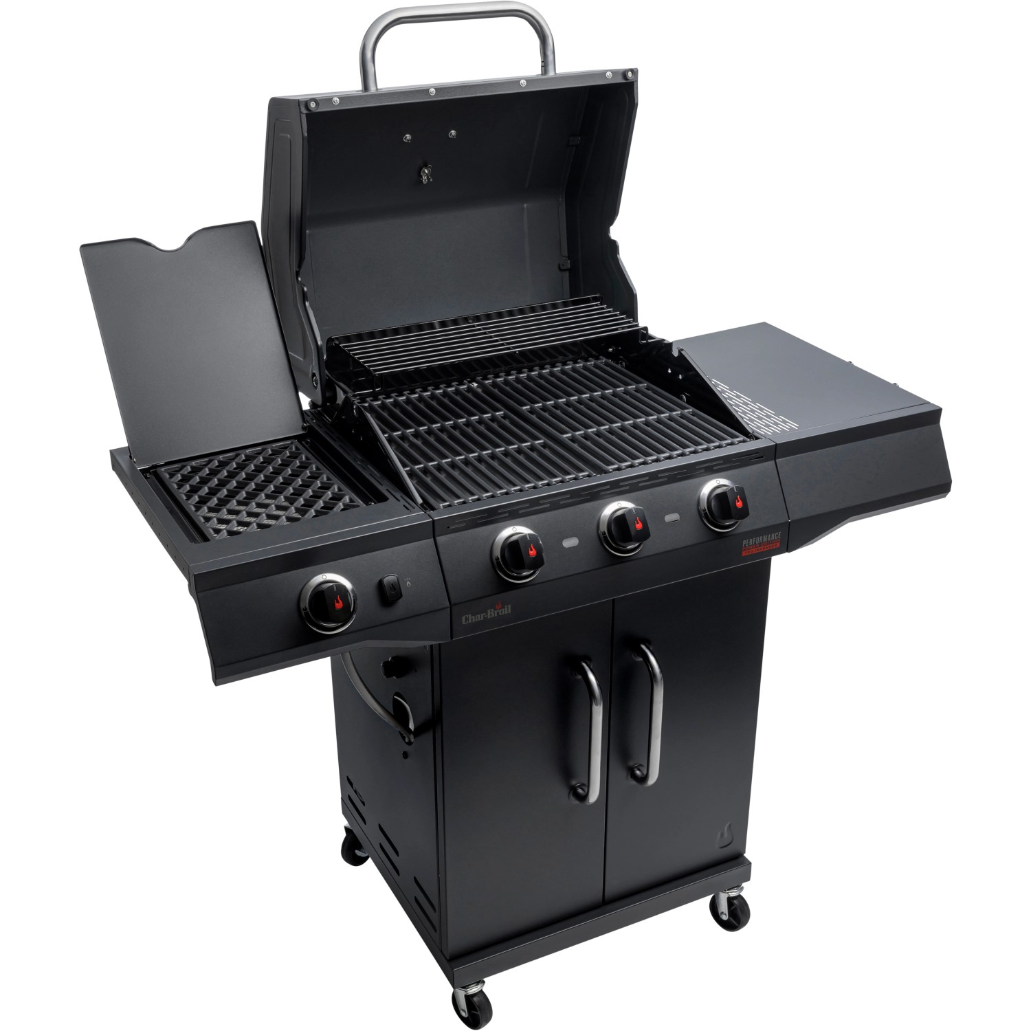 Schwarzer Char-Broil Gasgrill Performance Power Edition 3 mit 3 Brennern und Wetterschutzhaube.
