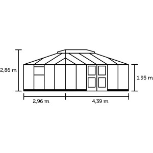 Skizze des Juliana Gewächshaus Grand Oase 13 in Anthrazit mit Maßangaben.