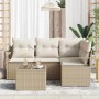 Beiges 5-teiliges Garten-Sofa-Set aus Poly Rattan mit Tisch für Terrasse und Garten.