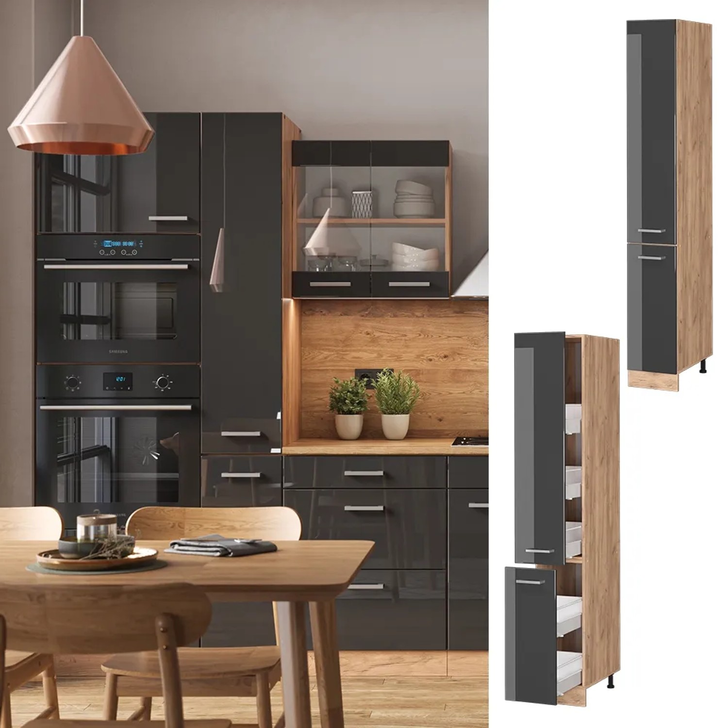 Vicco Apothekerschrank R-Line, anthrazit hochglanz/Eiche, 30cm Küchenschrank für mehr Stauraum.