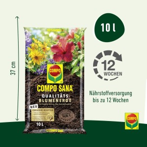 Sack Compo Sana Qualitäts-Blumenerde, 10 l. Universalerde mit Nährstoffen für Zimmer-, Balkon- und Gartenpflanzen.