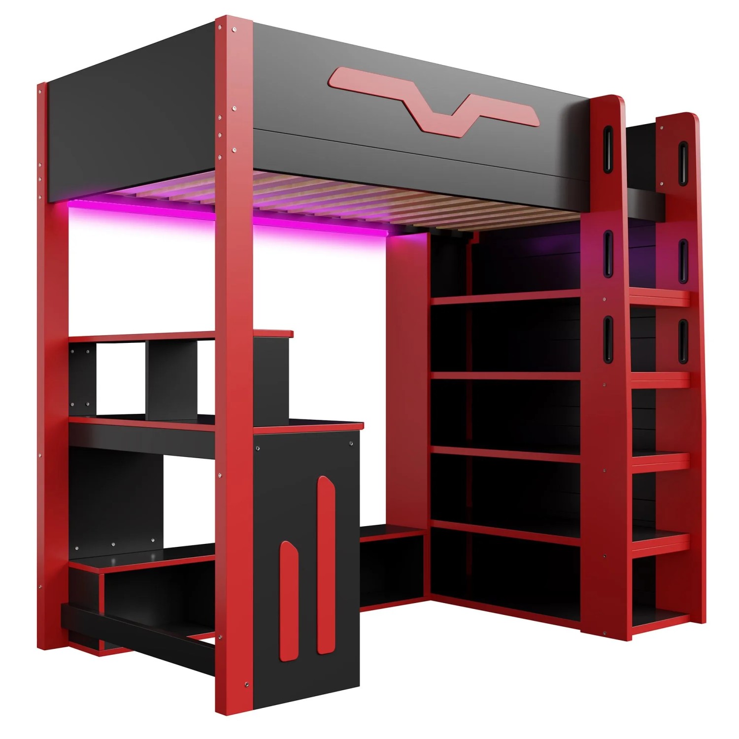 Merax Holz Hochbett 90x200 cm Mit Schreibtisch Stauraum Treppe LED Schwarz