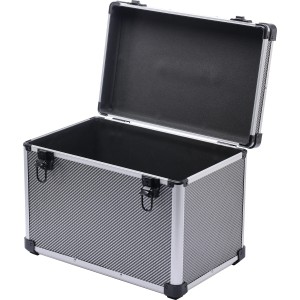 Offener LUX Aluminium Werkzeugkoffer zur Aufbewahrung mit silbernem Rahmen und schwarzer Innenseite.