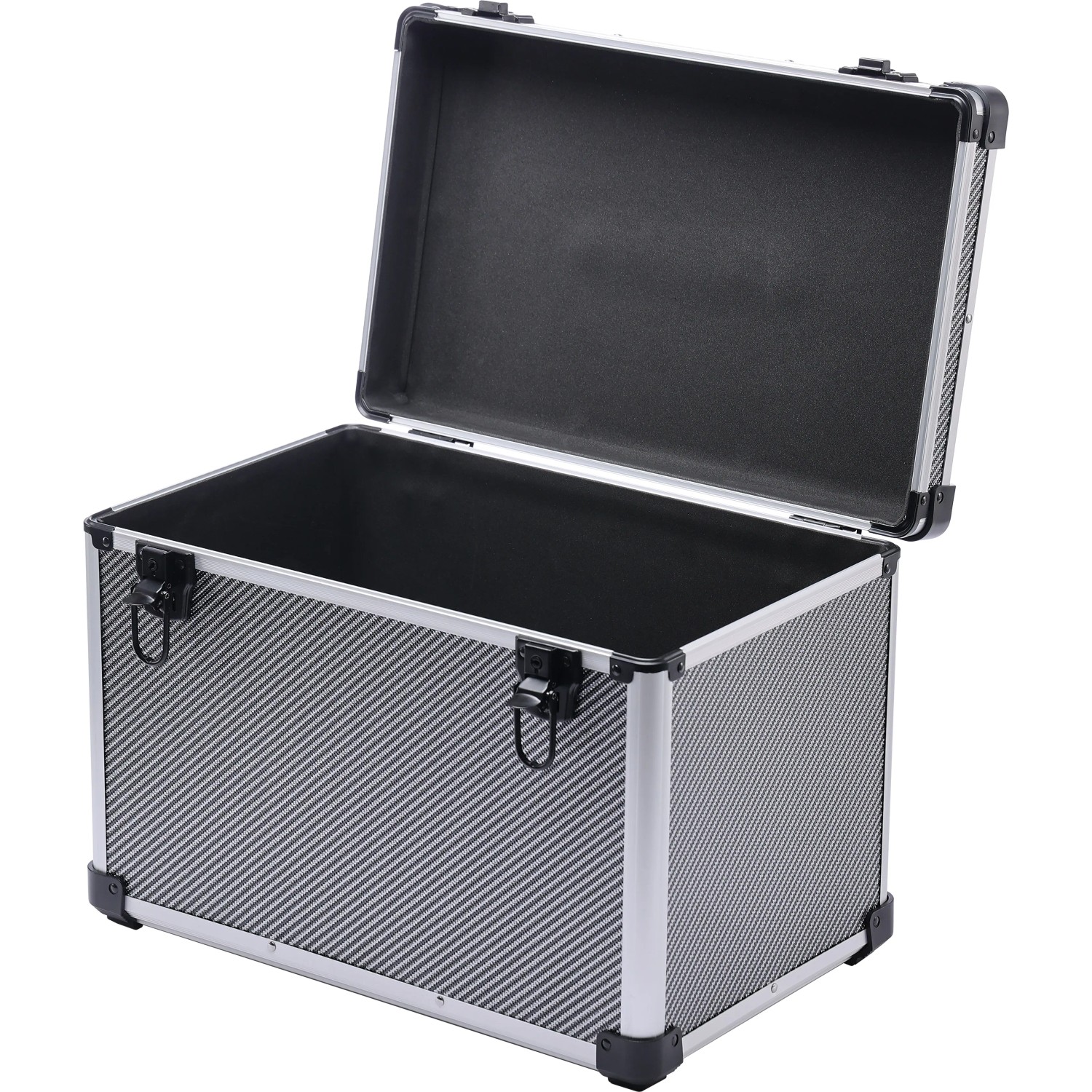 Offener LUX Aluminium Werkzeugkoffer zur Aufbewahrung mit silbernem Rahmen und schwarzer Innenseite.