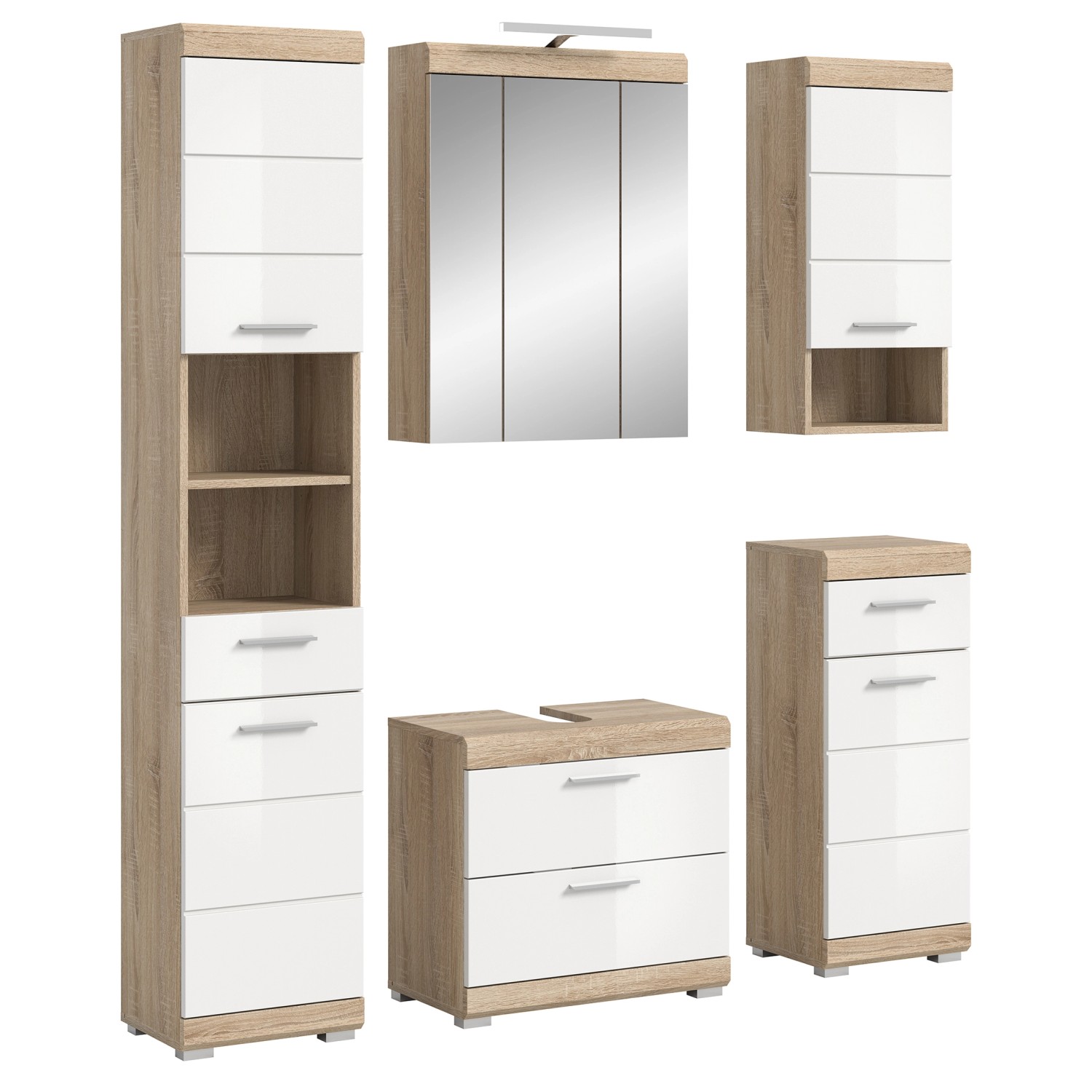 Thumbnail - Badkombi Lambada Spiegelschrank/Beleuchtung Eiche/Weiß Hochglanz 164 cm 5-tlg.
