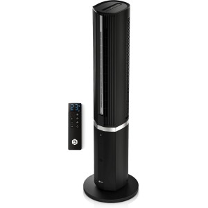 Schwarzer Balter Turmventilator VT-11-BL mit Fernbedienung, Luftbefeuchter und Wasserkühlung.
