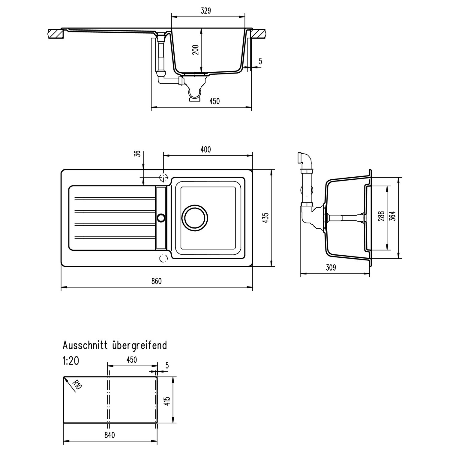 Technische Zeichnung der schwarzen Respekta Granitspüle Atlanta, 86x43,5 cm, mit Maßangaben.